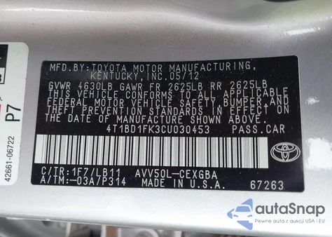 2012 Toyota Camry Hybrid Xle from USA, damaged, VIN 4T1BD1FK3CU030453